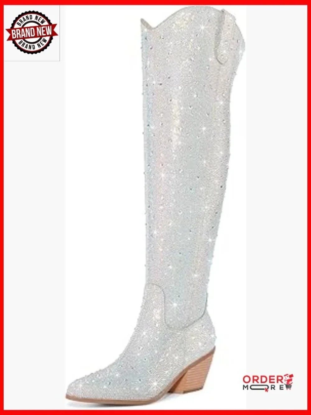 Rhinestone Over the Knee Cowboy Boots, Chunky Heel, Size 5-12